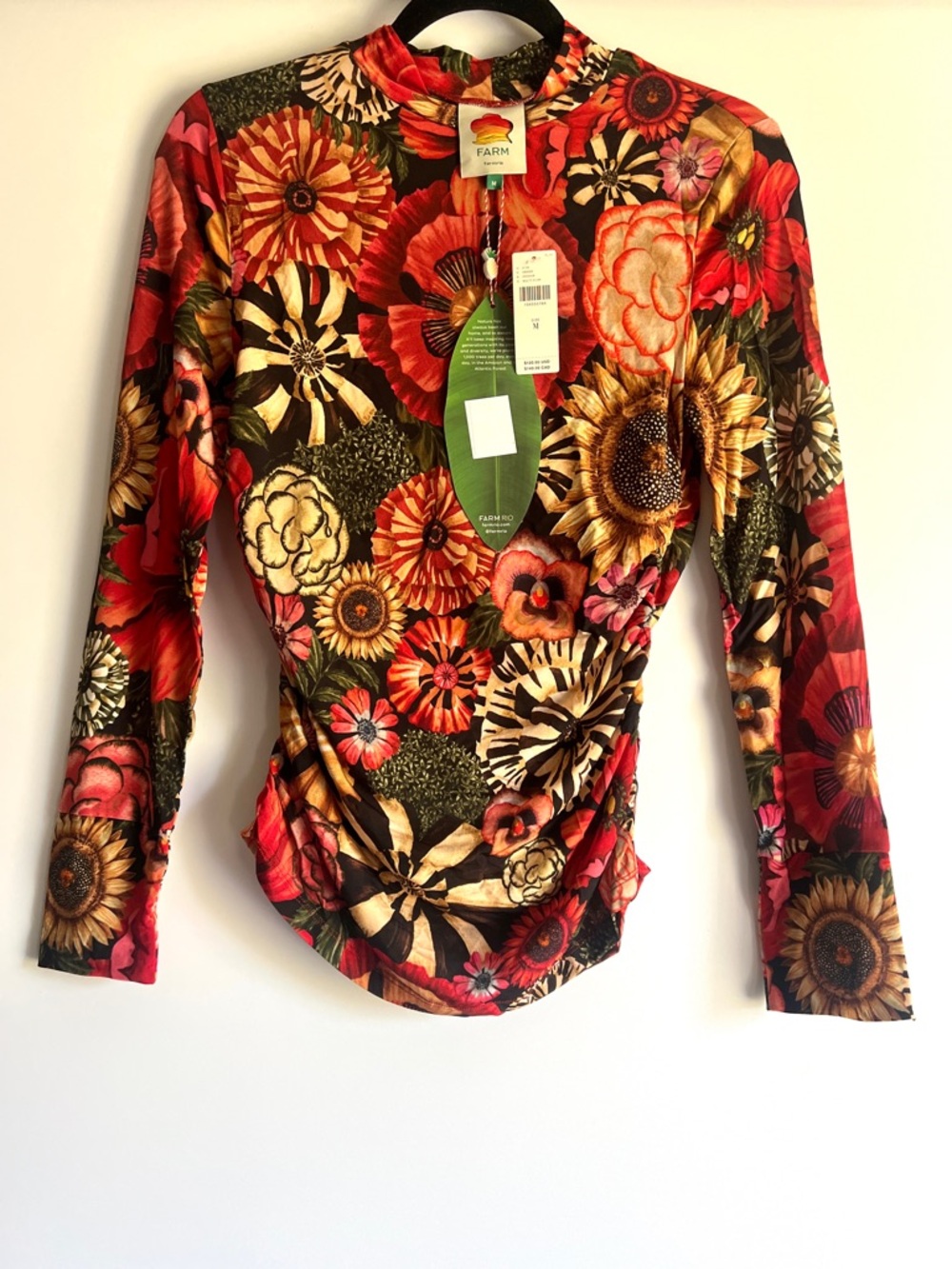 FARM Rio Black Flowershop Ruched Waist Jersey Blouse Size M NWT - Picture 2 of 15